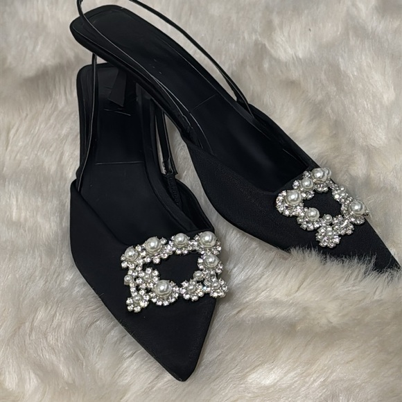 ZARA Black Slingback Kitten Heels Pearl Rhinestones Wedding Work Party 40 9.5 10 - Picture 5 of 8